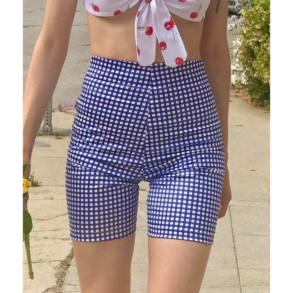 Courtyard LA Blue Gingham Satin Stretch Biker Shorts